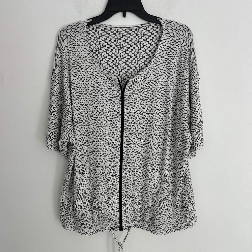 Allison Daley Jacket 3X Short Sleeve Zip Up Pockets Black White Textured Wave